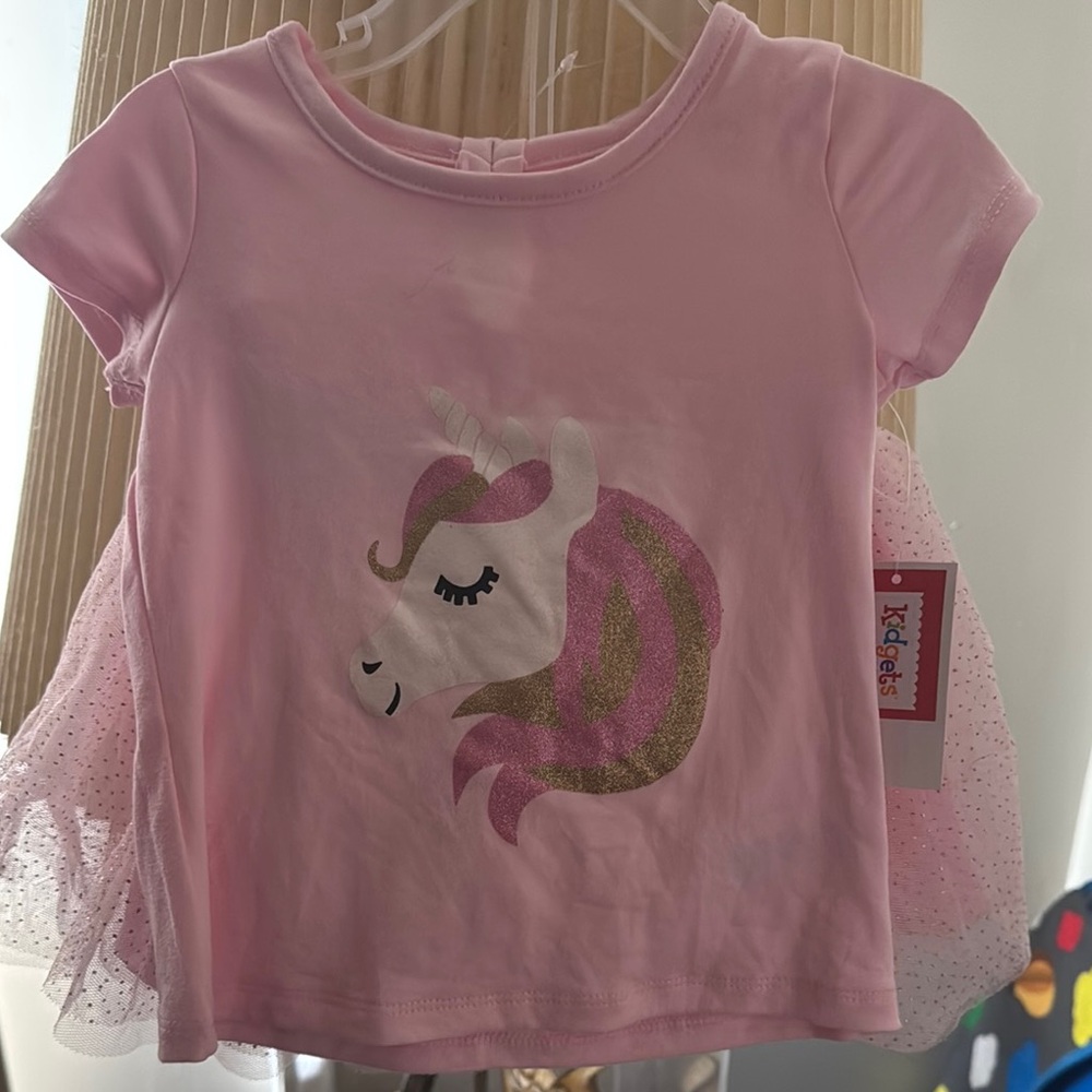 Essentials Pink and Gold Short Sleeve Tee with Unicorn Design